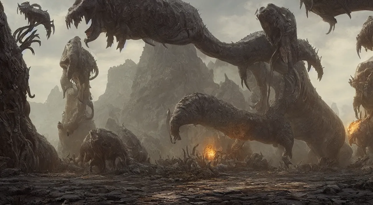 Image similar to indistinct glowing prehistoric beasts surrounded by slate grey walls, insane details, dramatic lighting, unreal engine 5, concept art, greg rutkowski, james gurney, johannes voss, hasui kawase.