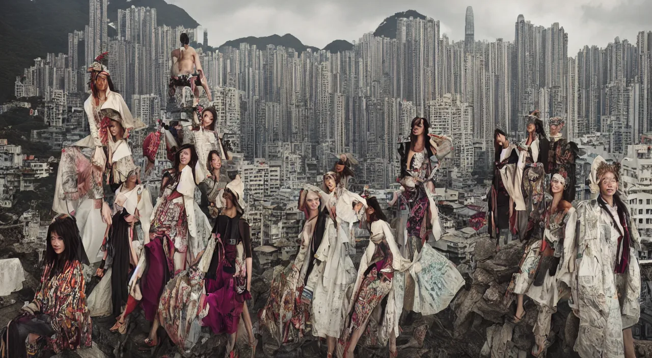 Prompt: fashion editorial portrait by jimmy nelson. on a roof. in hong kong