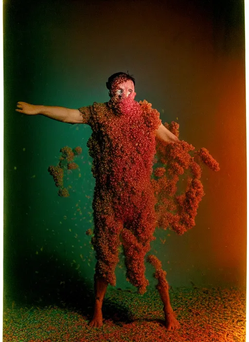 Prompt: realistic photo of a blurred face of a man, covered in shriveling dead coral reef, emitting aura, floating in the air with his arms stretched out, in a dark room with a spotlight shining on him 1 9 6 0, life magazine photo, natural colors, metropolitan museum, kodak, 8 k, very detailed, high resolution, product photo,