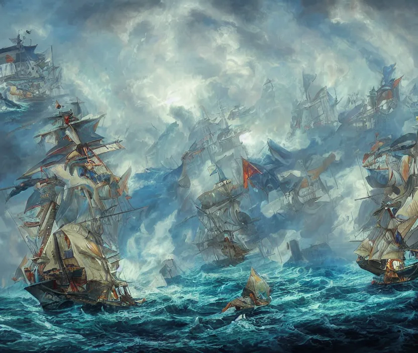 Prompt: Naval epic battle, fantasy concept art, coloful digital painting, highly detailed