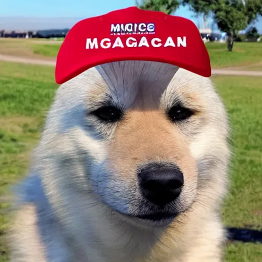 Image similar to doge wearing a make america great again cap, realistic,