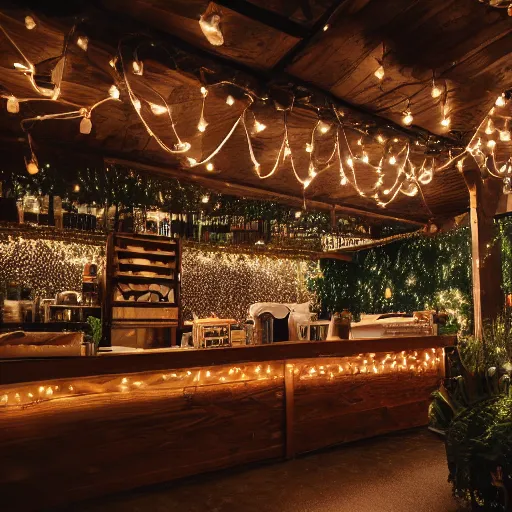 Image similar to professional photograph of a cozy little nature - themed coffee shop with fairy lights, high quality, hd, highly detailed, award - winning, awe - inspiring, 4 k, 8 k,