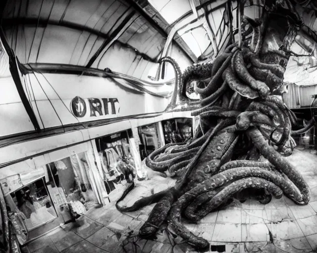 Image similar to camera footage of a extremely aggressive Giant mutated Octopus with glowing white eyes, Mutated Human Features, Human Spine, Organic Lure, in an abandoned shopping mall, Psychic Mind flayer, Terrifying, Human Silhouette :7 , high exposure, dark, monochrome, camera, grainy, CCTV, security camera footage, timestamp, zoomed in, Feral, fish-eye lens, Fast, Radiation Mutated, Nightmare Fuel, Ancient Evil, Bite, Motion Blur, horrifying, lunging at camera :4 bloody dead body, blood on floors, windows and walls :5