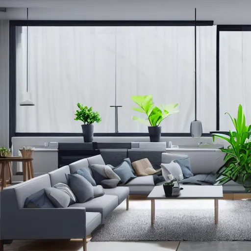 Prompt: a modern indoor room clean architecture, a couch, a couch table, some plants, daylight, peaceful, 8K octane render