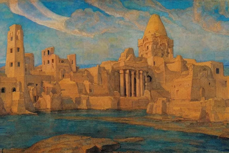 Image similar to ancient city by the sea by Annie Swynnerton and Nicholas Roerich, strong dramatic cinematic lighting , ornate architecture, lost civilizations, smooth, sharp focus, extremely detailed