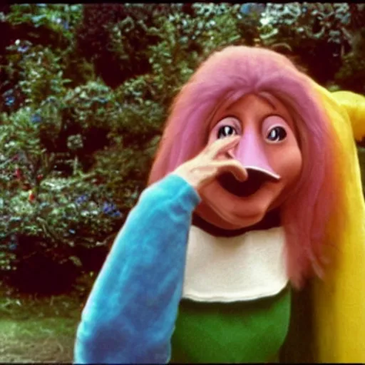 Image similar to Still from a live-action children's tv show about an old lady dressed as a nose with enormous feet, technicolor 1973