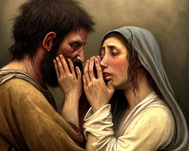 Image similar to realistic matte painting of a poor hungry couple praying to a cross and crying, emotional sad painting, very poor, hungry, love eachother, medieval peasants, fantasy, cruel, dramatic lighting, intricate, wild, highly detailed, digital painting, artstation, concept art, smooth, sharp focus, illustration, art by artgerm and greg rutkowski and alphonse mucha