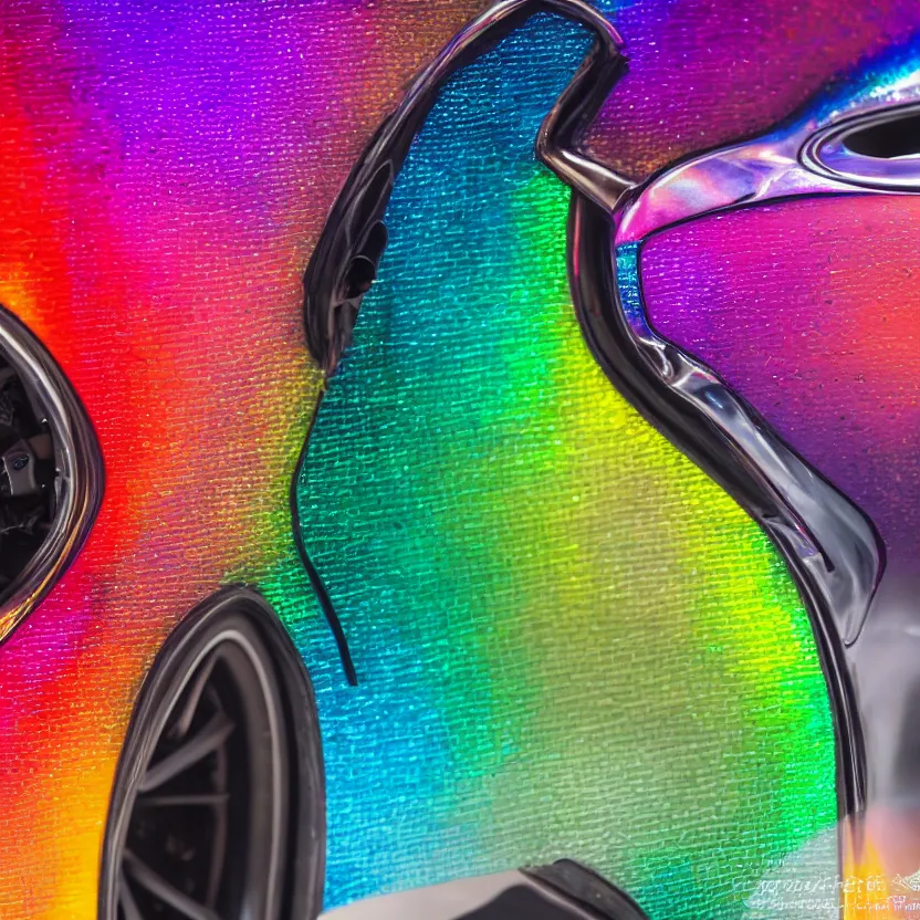 Image similar to close - up of an iridescent rainbow pagani huayra on fire after a big crash, 4 k, highly detailed, award winning, look at all that detail!