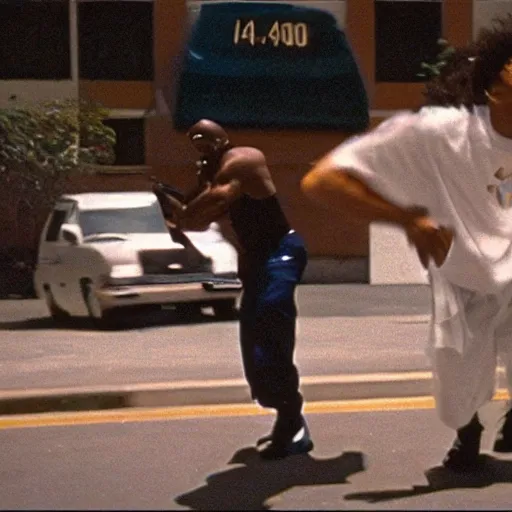 Image similar to Film still of Los Angeles Thunder Squad (1990). Hip-hop ninja confrontation scene. Sigma 85mm f/1.4