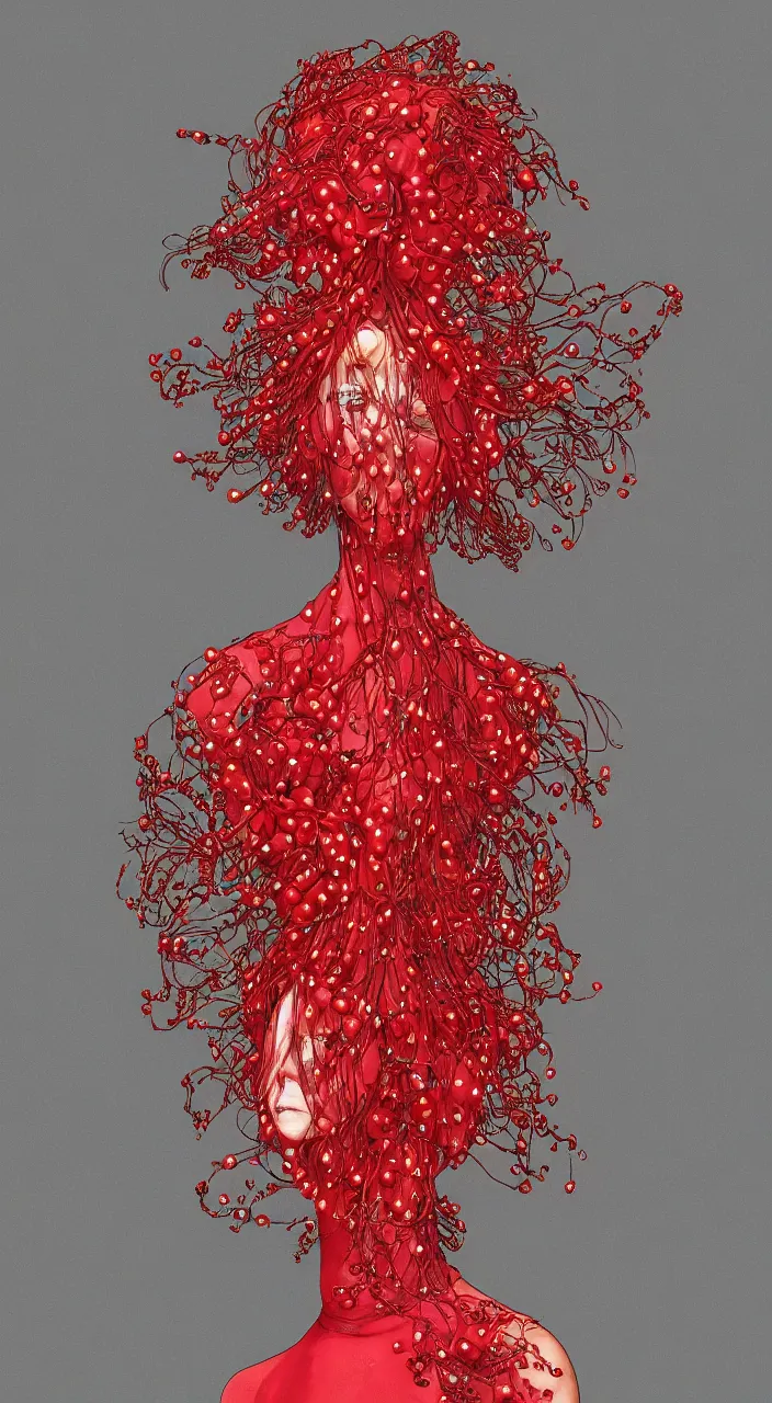 Prompt: woman character wearing a red bodysuit, acid hallucinations floating around their head, by moebius, alexander mcqueen headdress with beads, by kawase hasu