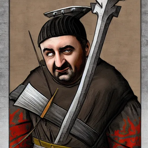 Image similar to Mike Stoklasa from Red Letter Media as a medieval executioner