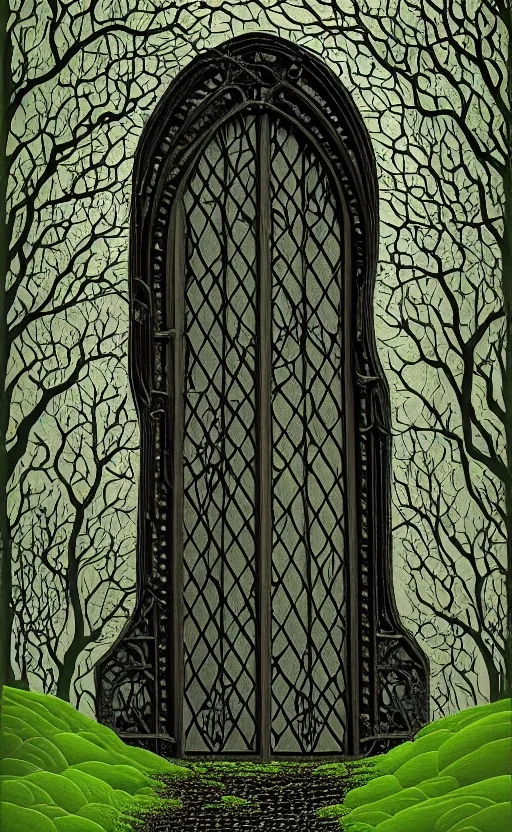 Image similar to beautiful digital painting high quality heavy iron gothic gate in the woods cobblestone ground by Eyvind Earle , ,artstation behance