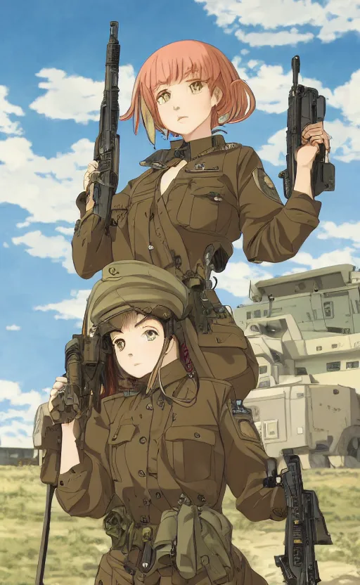 Image similar to portrait of a female soldier, highly detailed, high resolution, military camp in the background, full color manga visual style, illustration, stunning, girls frontline style, bokeh soft, matte, 100mm, trending artwork, by professional photographer, hayao miyazaki, ilya kuvshinov, alphonse mucha, studio mappa, realistic human anatomy, realistic military carrier, modern warfare, realistic weapon, shot with a arriflex 35 ii, low saturation, small eyes