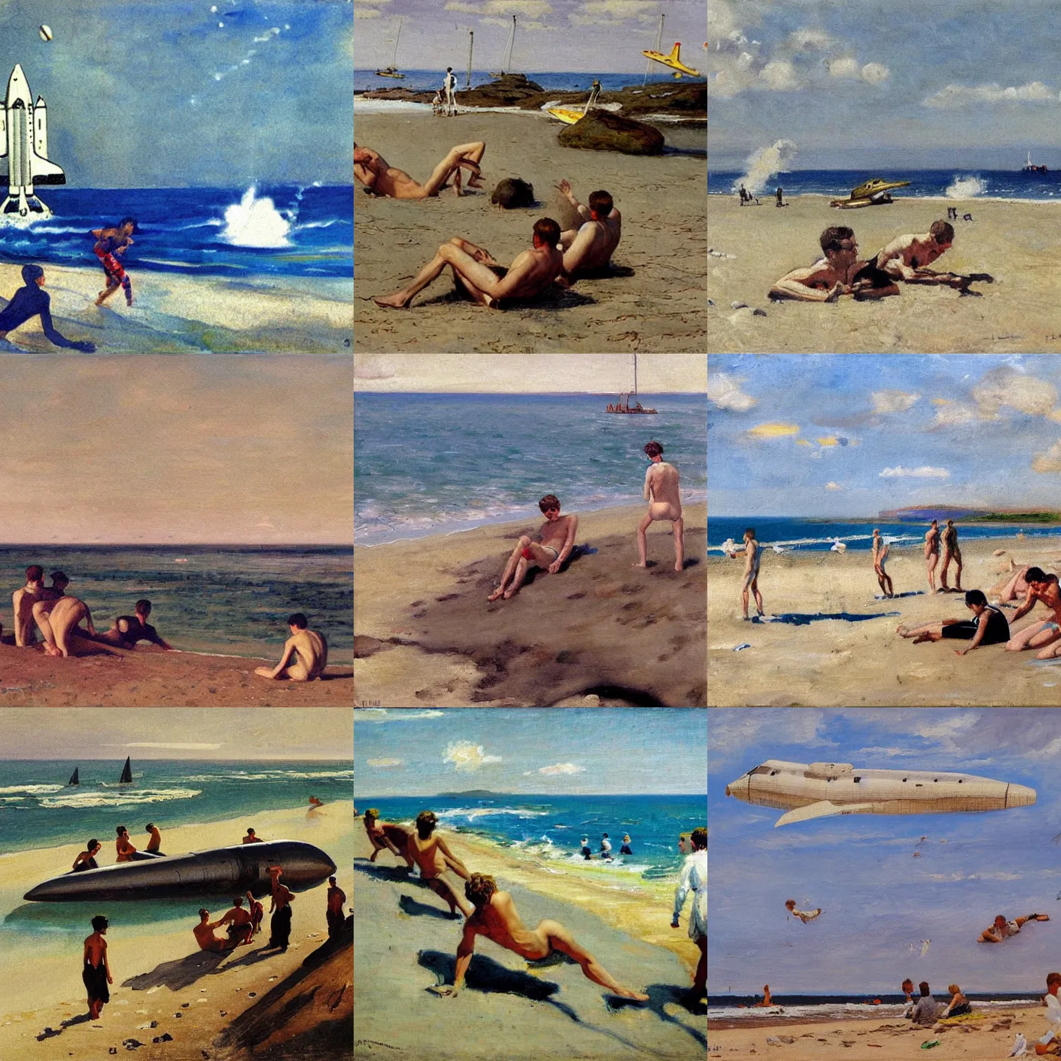 Prompt: young men swimming around crash landed space shuttle on a sunny beach, painting by henry scott tuke