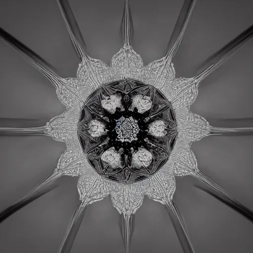 Image similar to Intricate beauty, detailed symmetry, dark, void 1a, flowers, thin wires, beautiful lighting