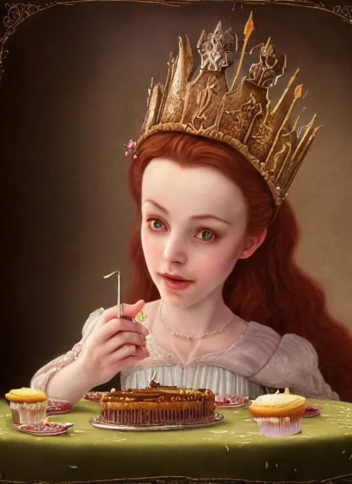 Image similar to highly detailed closeup portrait of an irish fairytale medieval princess eating cake, unreal engine, nicoletta ceccoli, mark ryden, lostfish, earl norem, global illumination, god rays, detailed and intricate environment