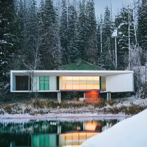 Prompt: wes anderson style modern futuristic house near the lake, snowy mountains and green forest, cinematic, realism, photo, detailed