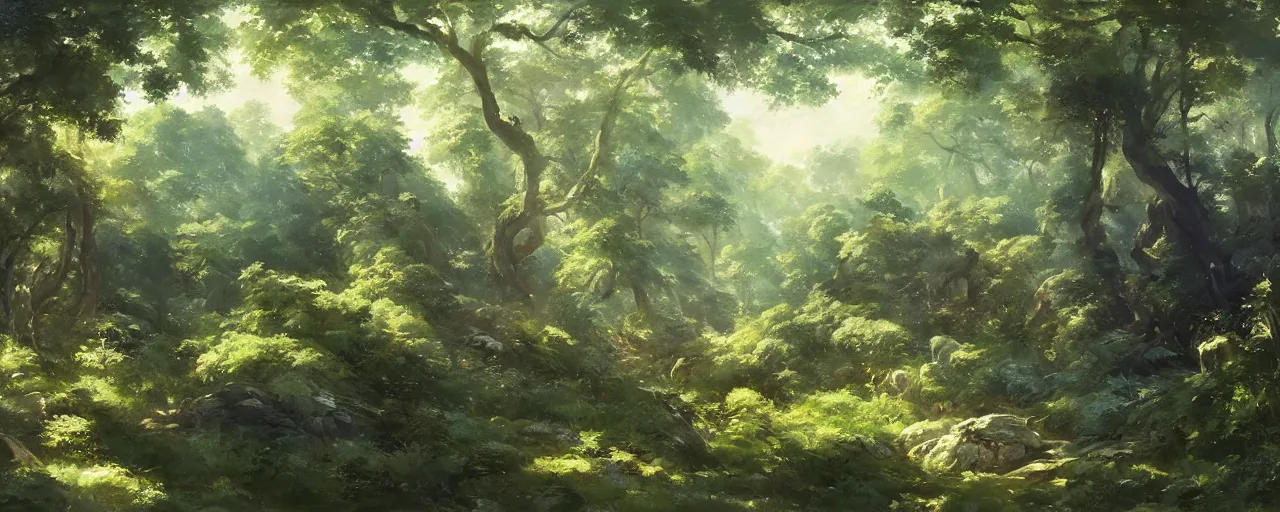 Prompt: the lush forest, trending on pixiv fanbox, painted by greg rutkowski makoto shinkai takashi takeuchi studio ghibli, eugene von guerard, ivan shishkin, john singer sargent