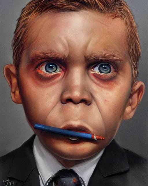 Image similar to portrait of a 7 year old child crime boss, gritty, wearing a suit, smoking, very detailed eyes, hyperrealistic, very detailed painting by Glenn Fabry, by Joao Ruas, by Artgerm