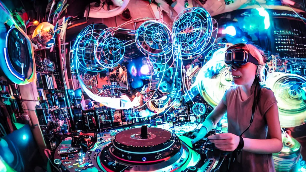 Image similar to a woman wearing goggles and visor and headphones using an intricate clockwork record player turntable contraption, wires and tubes everywhere, turntablism dj scratching, intricate planetary gears, cinematic, imax, sharp focus, led light strips, bokeh, iridescent, black light, fog machine, hazy, computer screens, lasers, light trails, hyper color photograph