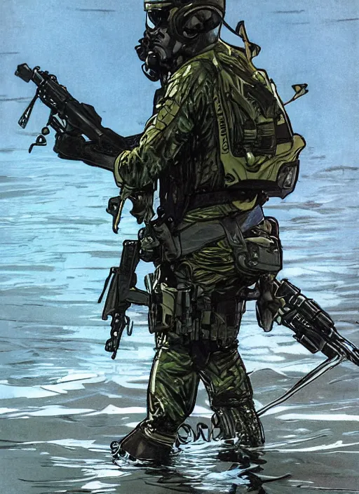 Image similar to Andrea. USN blackops operator emerging from water at the shoreline. Operator wearing Futuristic wetsuit and looking at an abandoned shipyard. Frogtrooper. rb6s, MGS, and splinter cell Concept art by James Gurney, Alphonso Mucha. Vivid color scheme.