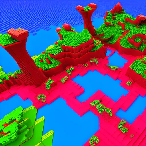Image similar to a fantasy colorful landscape, rendered as voxels