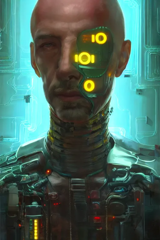 Image similar to a full body illustration of an male cyberpunk character wearing bionic implants, criminal mugshot, bald, bearded, highly detailed, oil on canvas, soft lighting, neon pastel colors, by WLOP and Greg Staples, HD, 4K