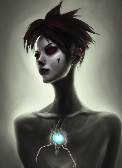 Image similar to dark portrait painting of tracer from overwatch, in style of zdzisław beksinski, scary, horror, 4 k, feminine facial features, overwatch tracer character, horror, body horror, silhoutte, disturbing, detailed face, dressed in dark garment, black tendrils, tall,