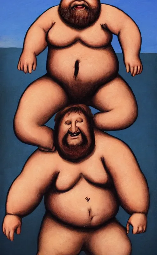 Prompt: chubby viking man, with hairy nipples, painted by ron arad and steve argyle, blonde hair