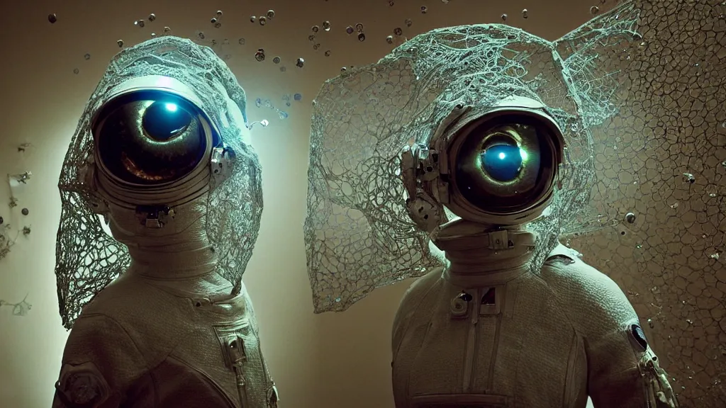 Image similar to a astronaut eva suit covered in diamond 3d fractal lace iridescent bubble 3d skin and covered with insectoid compound eye camera lenses floats through the living room, film still from the movie directed by Denis Villeneuve with art direction by Salvador Dalí, wide lens,