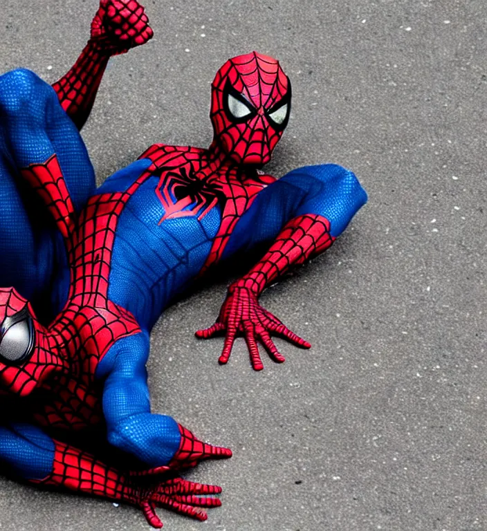 Image similar to cinematic still of spiderman homeless