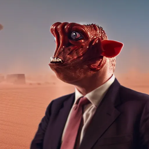 Image similar to (Boris Johnson) as Jar Jar Binks, volumetric lighting, hyperdetailed, in frame, f 1.4, desert landscape, dust storm