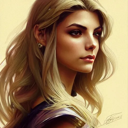 Prompt: A combination of Victoria Justice's and Ashley Greene's faces with blonde hair, western, D&D, fantasy, intricate, elegant, highly detailed, digital painting, artstation, concept art, matte, sharp focus, illustration, art by Artgerm and Greg Rutkowski and Alphonse Mucha