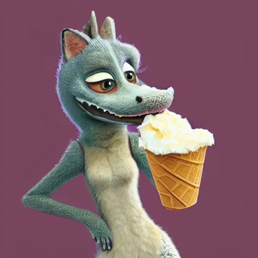 Prompt: furry art of female alligator walking down the street holding an icecream cone, digital art, artstation, 4K, detailed, detailed fur, wearing grey hoodie, zootopia, detailed face, anthromorphic,