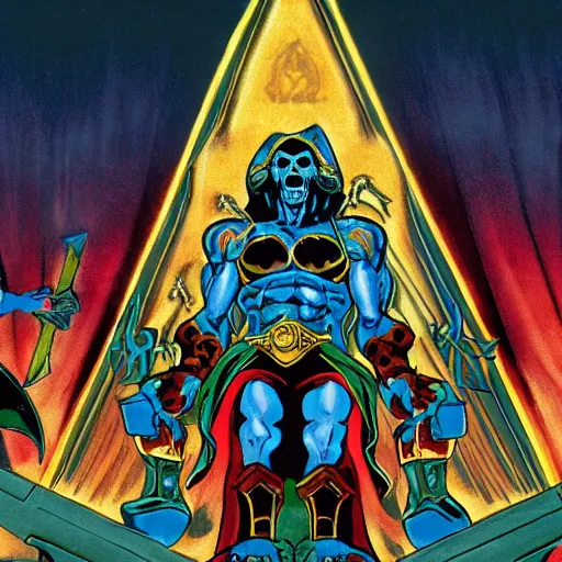 Image similar to masters of the universe, skeletor destroying sacred rainbow gates covered in illuminated Hebrew hieroglyphics