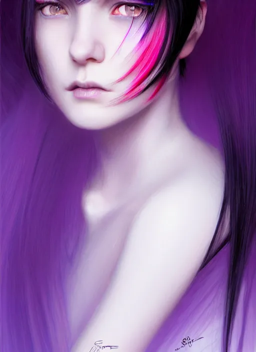 Image similar to hair blackbangs hair, white hair, blackbangs, portrait of teenage girl with white hair, red irises, purple clothes, black bangs, bangs are different color from hair, intricate, elegant, glowing lights, highly detailed, digital painting, artstation, concept art, smooth, sharp focus, illustration, art by wlop, mars ravelo and greg rutkowski