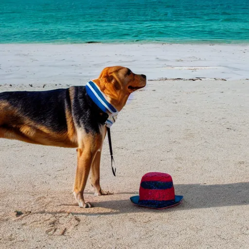 Image similar to Dog with white hat on the beach having a picknick