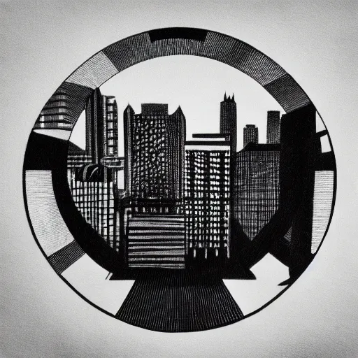 Image similar to a perfect circle where the inside is empty blank space and around the outer edge of the circle is the silhouette of a city skyline, black and white, minimalist, in the style of a charcoal drawing, made by david mellen