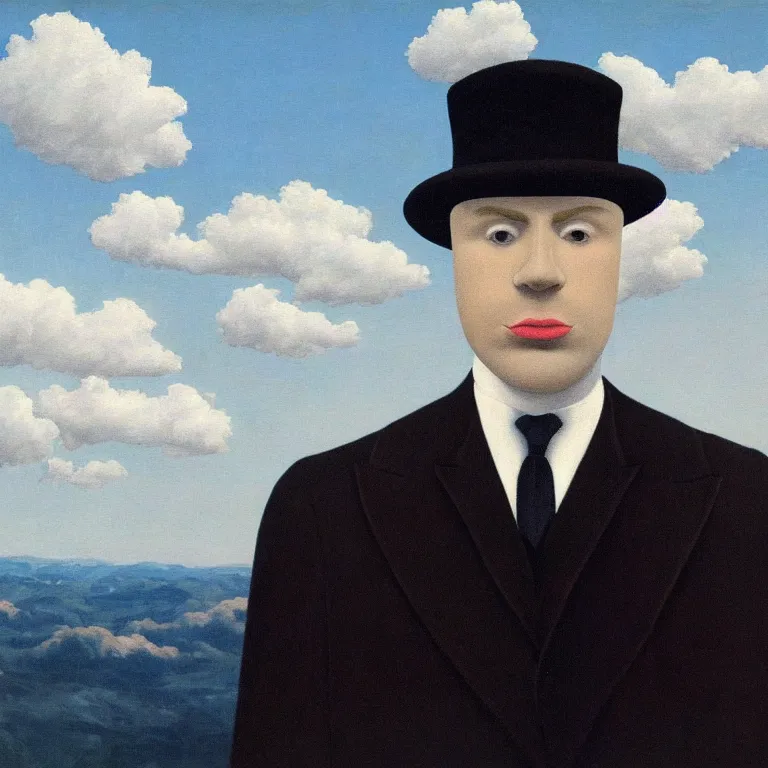 Image similar to portrait of a faceless white - masked - head man in a suit and black gloves, clouds and nature landscape in the background, by rene magritte, detailed painting, distance, centered, hd, hq, high resolution, high detail, 4 k, 8 k