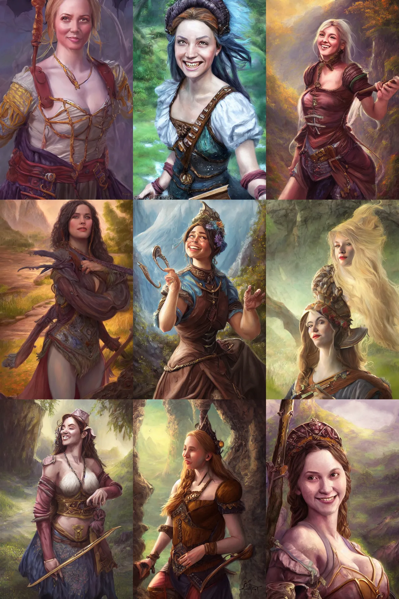 Image similar to a full body high detail fantasy portrait oil painting illustration of a single beautiful smiling bard woman by justin sweet with face and body clearly visible, in a scenic background, pretty eyes, realistic proportions, d & d, rpg, forgotten realms, artstation trending, high quality, sombre mood, artstation trending, muted colours, entire person visible!