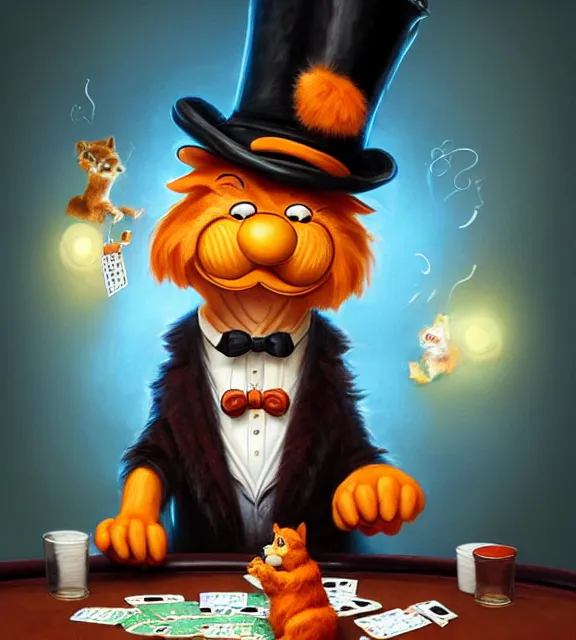 Prompt: cute anthropomorphic garfield playing poker with anthropomorphic dogs, smiling, perfect face, orange fur, top hat, cinematic, elegant, highly detailed, psychedelic, digital painting, artstation, smooth, hard focus, illustration, art by jessica rossier and and brian froud