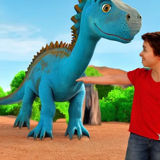 Prompt: bluey heeler meeting a dinosaur, disney cartoon