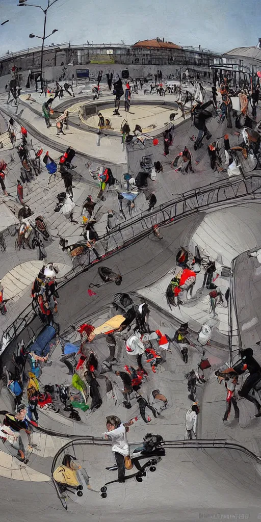 Image similar to oil painting scene skatepark with skaters and ramp by kim jung gi