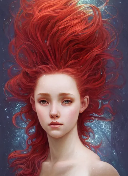 Prompt: beautiful head and shoulders portrait of a fairy mermaid with red hair, casual clothing, intricate, elegant, highly detailed, digital painting, beautiful highly detailed face, artstation, concept art, smooth, sharp, focus, illustration, art by artgerm and greg rutkowski and alphonse mucha