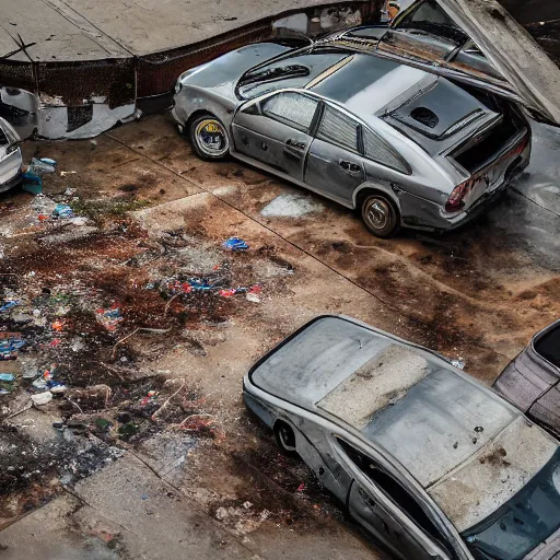 Image similar to aerial photography, a number of car, dust, humus, wet street, graffiti on wall, trash scattered everywhere, abandoned car garage, 8 k, uhd, after rain, cinematic lighting, incrinate