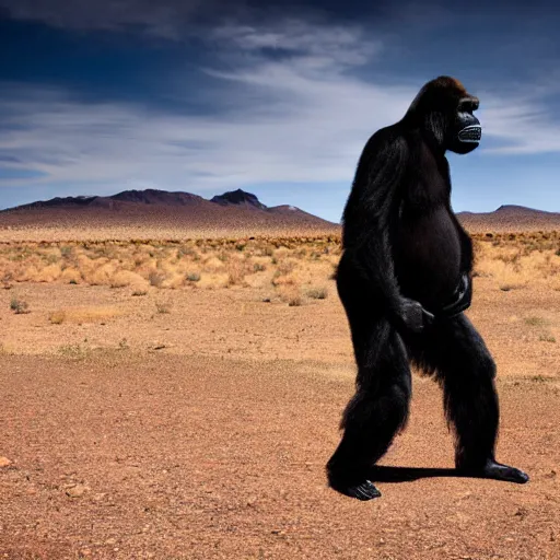 Image similar to A photo of Walter White wearing a gorilla suit, cinematic lighting, New Mexico desert