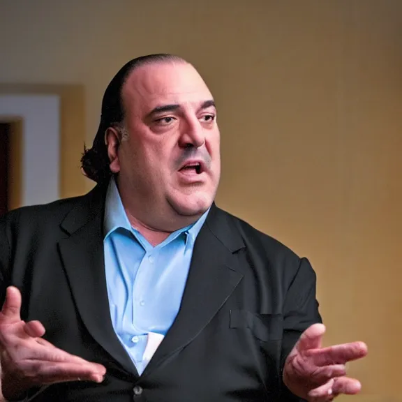 Image similar to Tony Soprano enthusiastically talking about Bitcoin at the Bada Bing