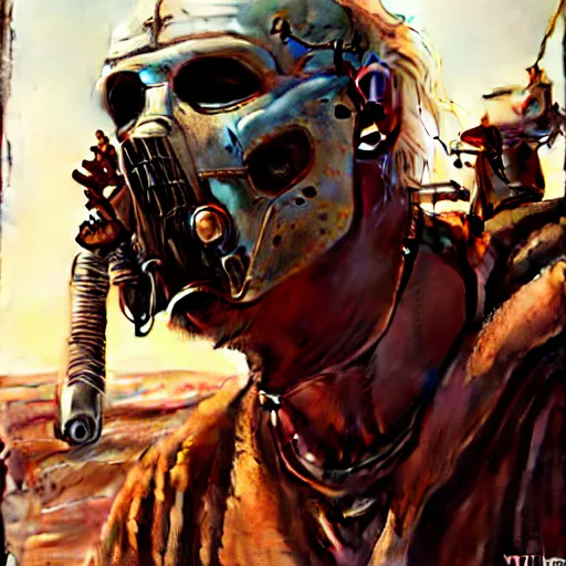 Image similar to Portrait of Immortan Joe by Greg Rutkowski. He is making an announcement from his war rig in the desert by Mark Arian. It is bright and desolate and rusty by H.R. Giger. soft render, octane, highly detailed painting by Moebius. artstation Blank Canvas Scene by Tetsuya Nomura.