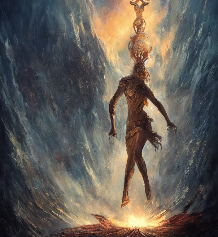 Image similar to full body illustration of a goddess, tarot card, dark souls colour scheme, establishing shot, coherent, high detailed, kerem beyit, Karol Bak, featured on artstation