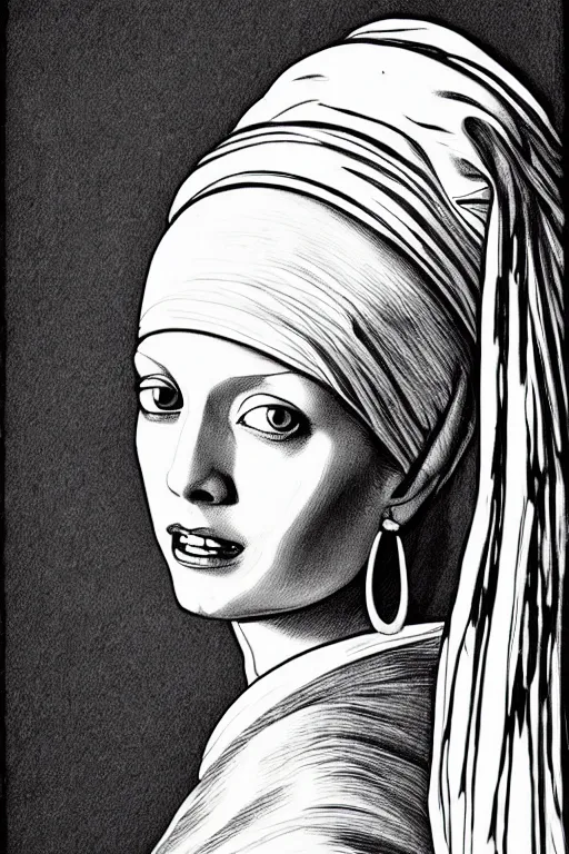 Image similar to beautiful portrait of a woman, negative no not the girl with a pearl earring, highly detailed ink illustration, b & w clean shaped illustration by kim jung gi, ric estrada, ron english and eiichiro oda